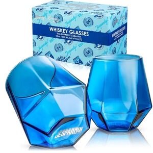 Dragon Glassware Jeopardy Whiskey Glasses Set of 2 Blue Diamond 12oz New